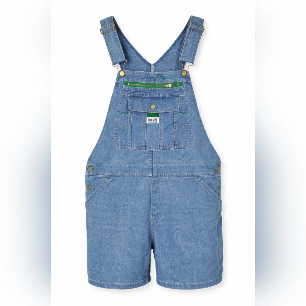 VINTAGE Liberty Blue Denim Short Y2K Overalls with Green Trim XL. - Picture 1 of 12